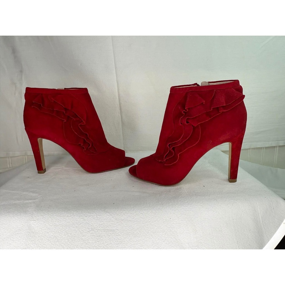 Louise et Cie Red Suede Ruffle Peep Toe Ankle Boots Stiletto Heels Womens 6M 36